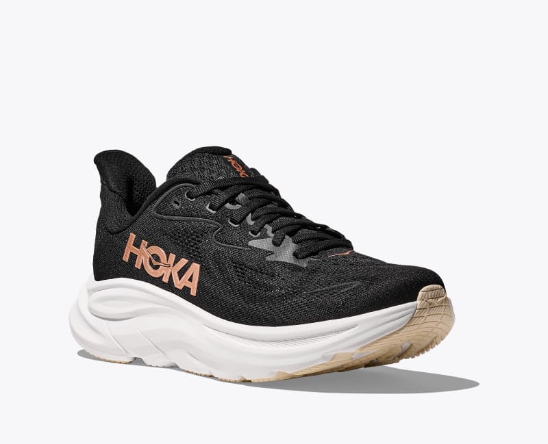 HOKA Women's Clifton 10 Shoes in Black/Rose Gold
