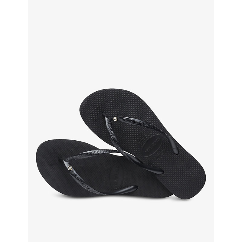 Womens Black Slim Crystal-embellished Rubber Flip-flops