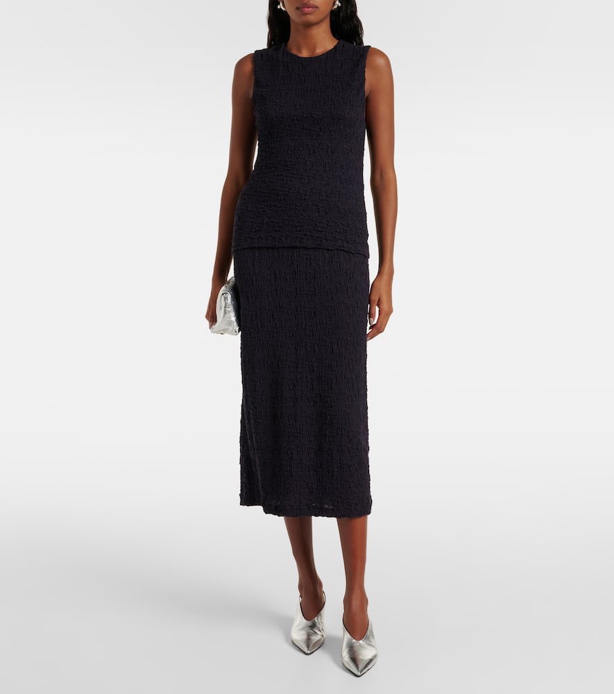 Smocked cotton-blend midi skirt
