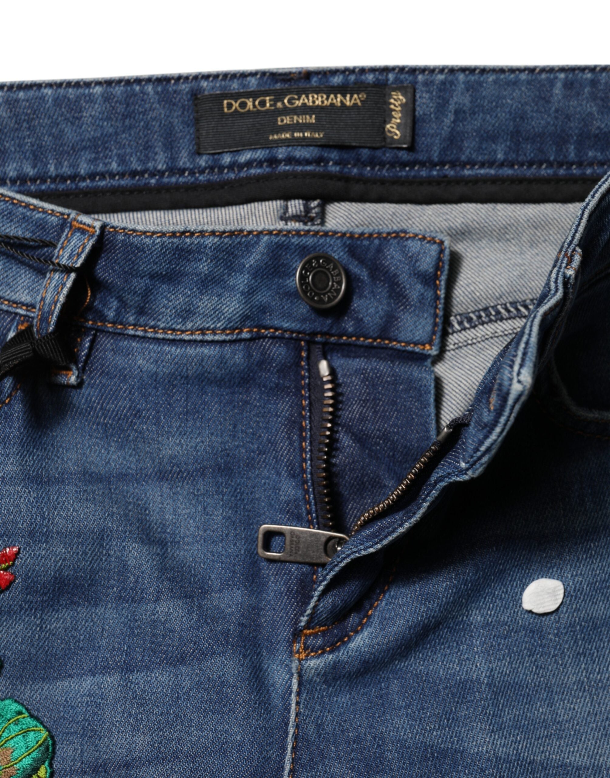 Floral-Embroidered Denim Jeans — Blue