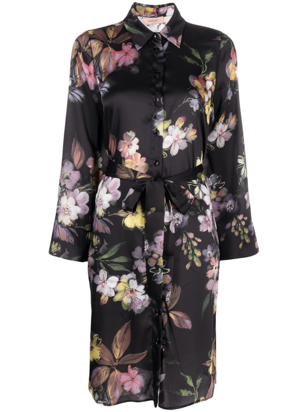 Floral-print belted shirt dress - Black