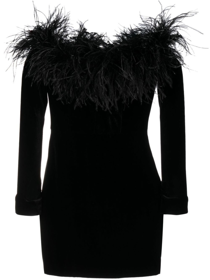- Feather Detail Velvet Short Dress