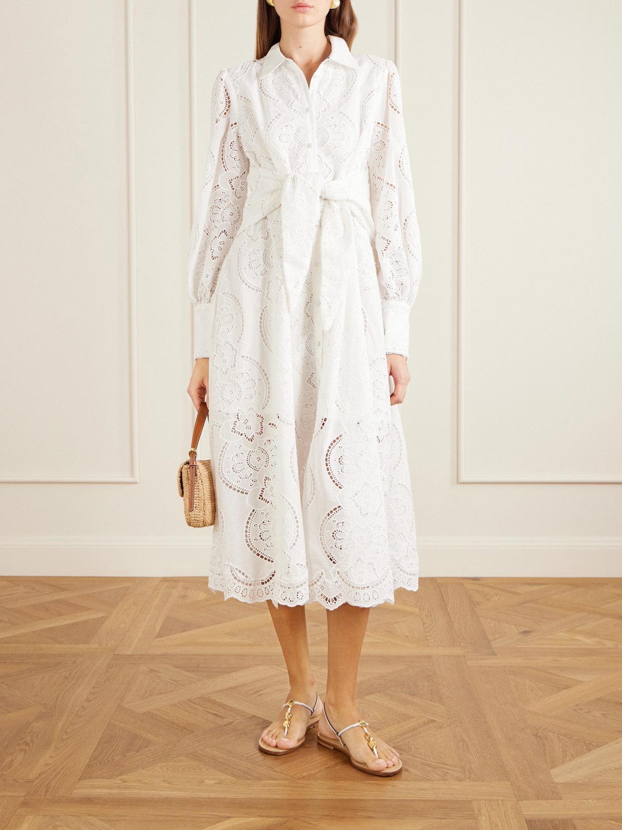 Tie-detailed Broderie Anglaise Cotton Midi Shirt Dress - White