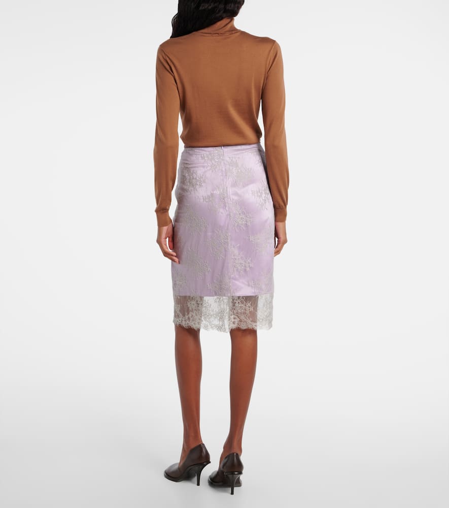 Embroidered leather-trimmed lace midi skirt