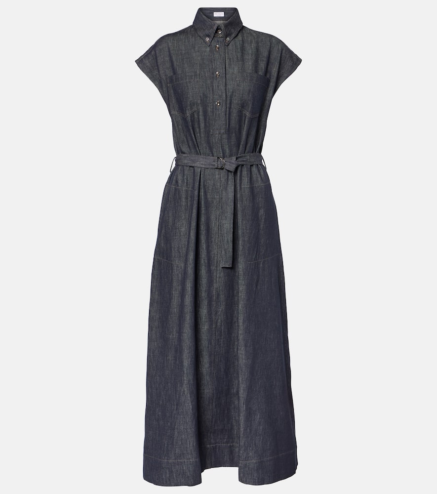 Belted denim maxi dress