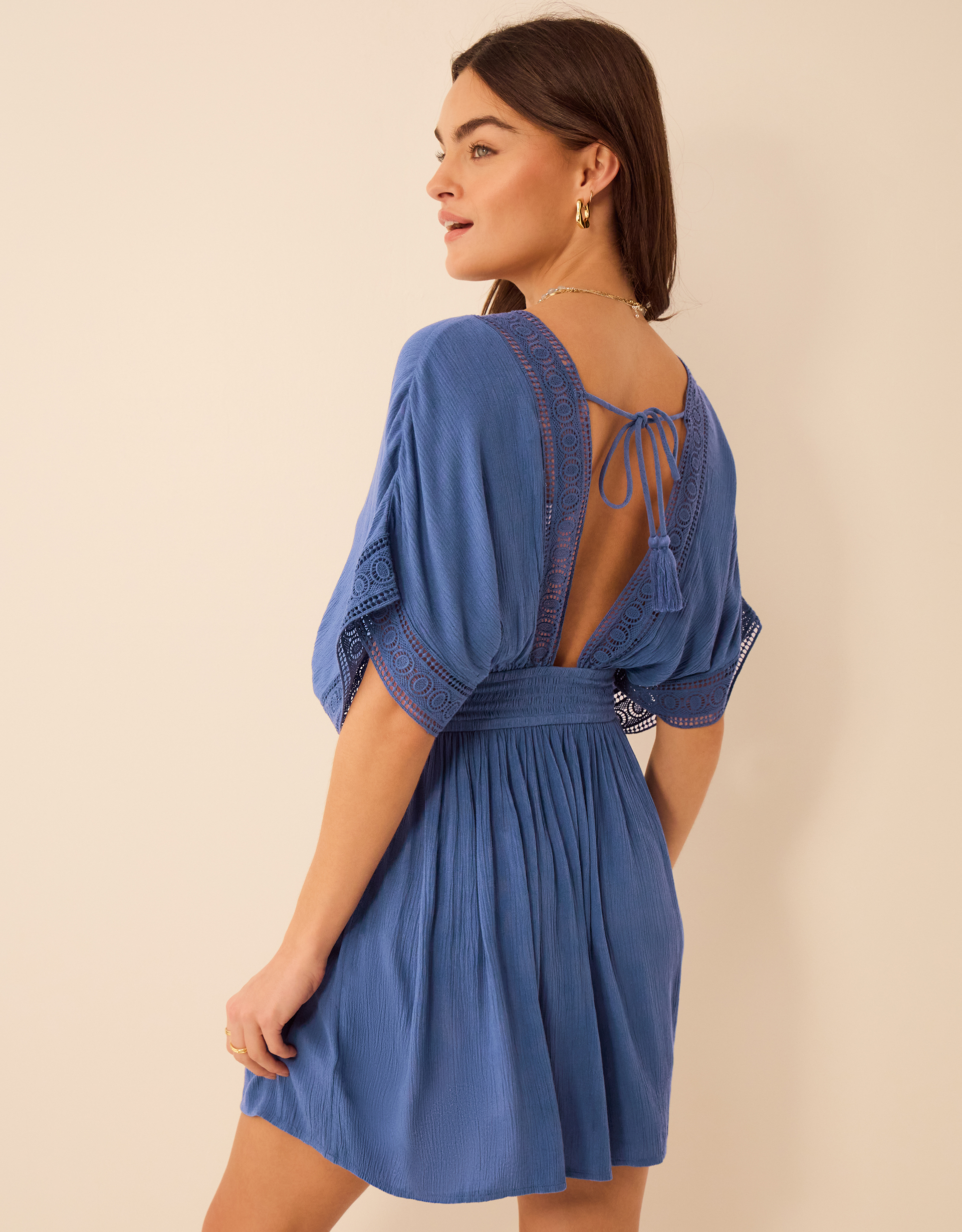 Crochet Trim Mini Kaftan Blue