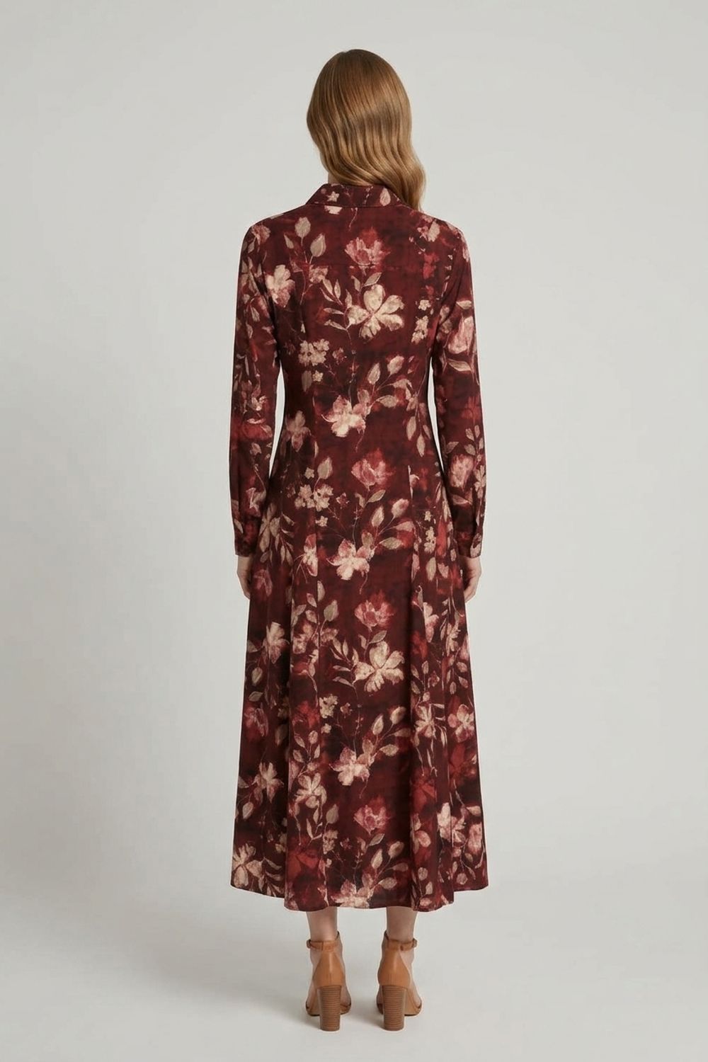 Izabel London Women's Floral Long Sleeve Button-Up Midi Dress in Burgundy