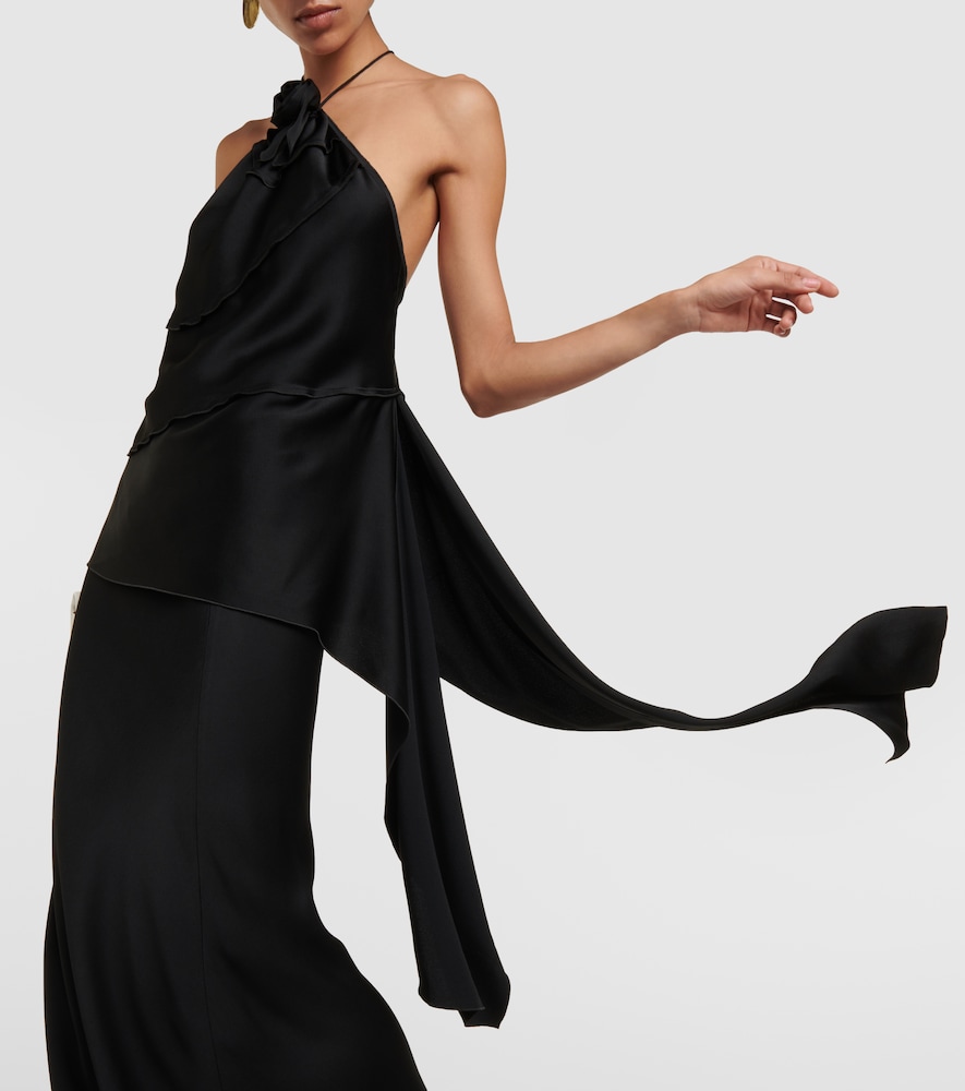 Floral-appliqué draped satin top