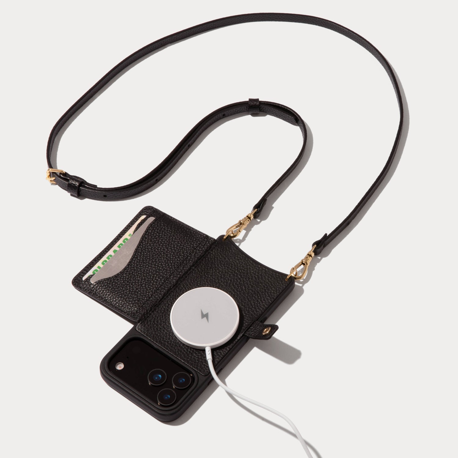 Mila MagSafe Charging Crossbody Bandolier in Black/Gold | 17 / iPhone Regular | Genuine Leather |