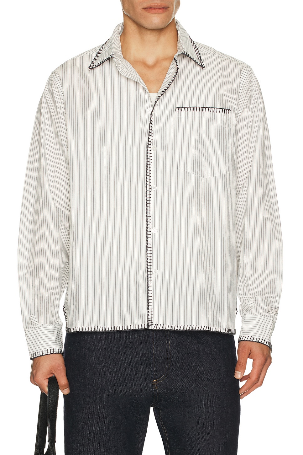 Percival Index Stripe Pearce Shirt in Ecru - Grey. XL/1X also in L