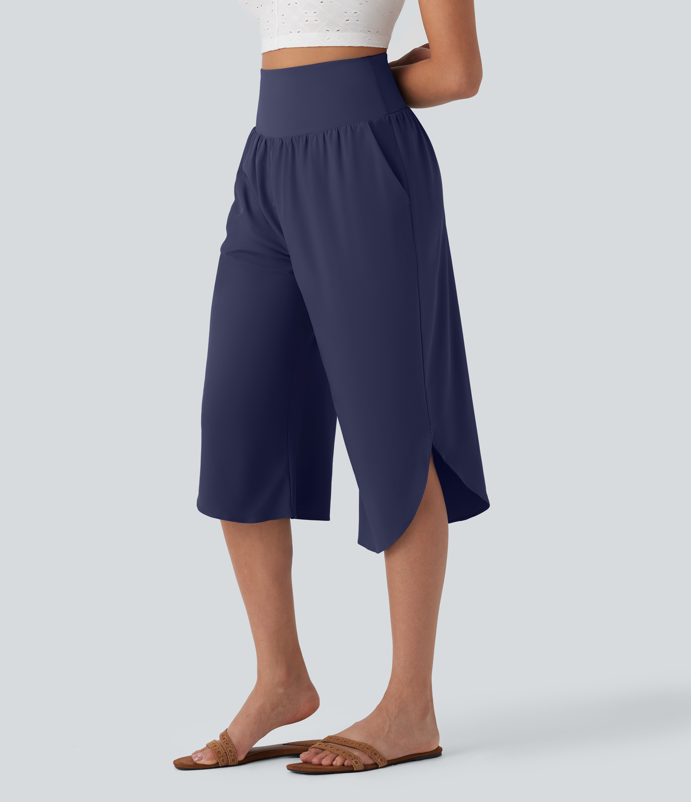 Halara Breezeful™ High Waisted Tummy Control Hem Quick Dry Capri Trousers with Pockets - Patriot Blue