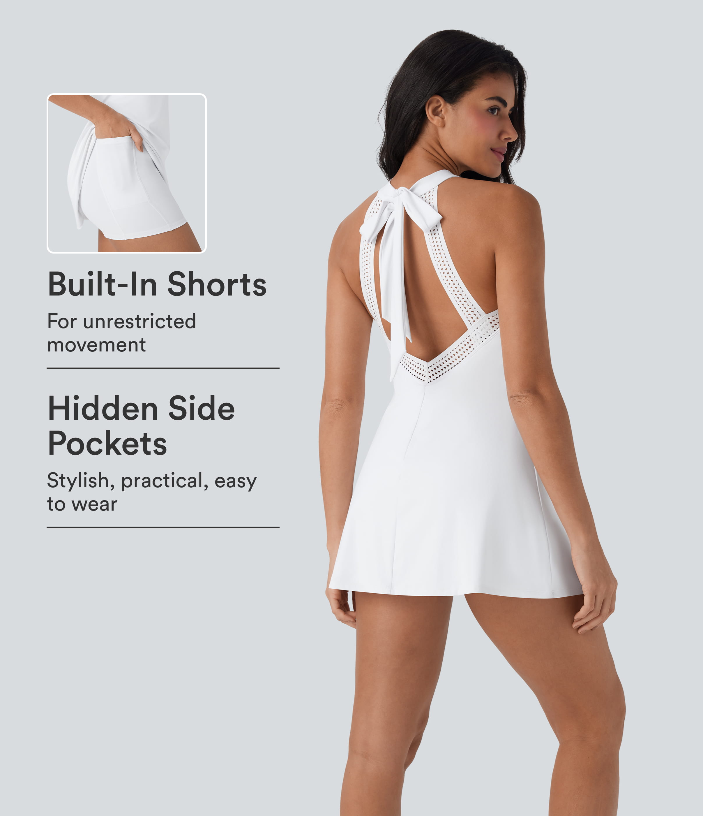 SoftlyZero™ Airy Tie Back 2-in-1 Cool Touch Mini Yoga Active Dress with Pocket-UPF50+ Workout Dress - White