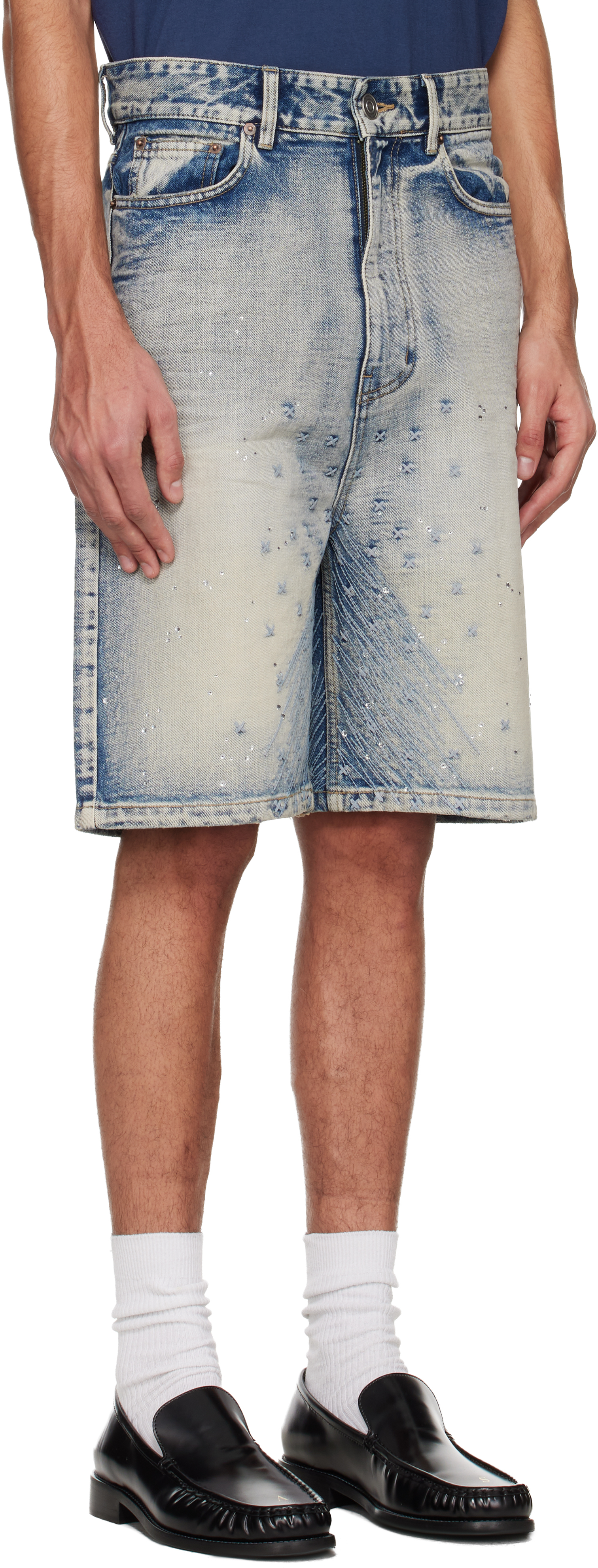 Blue Embroidery Washed Denim Shorts