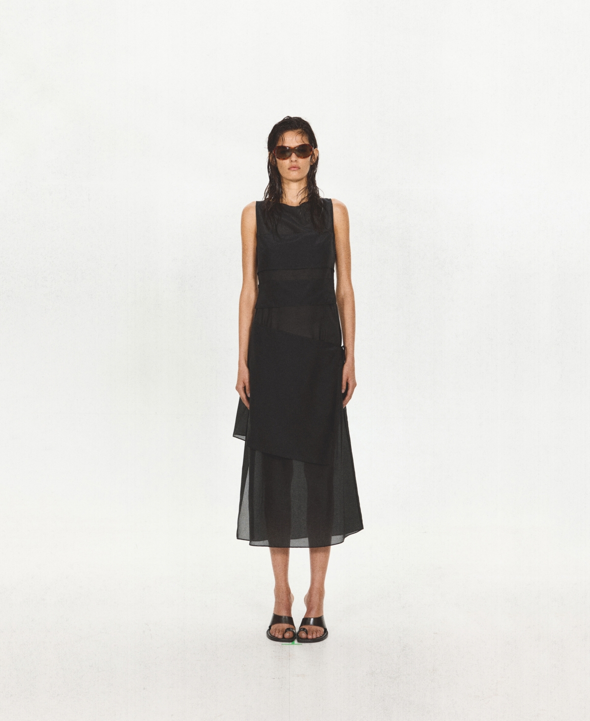 Women's Asymmetrical Overlay Semi-Sheer Midi Dress - Black