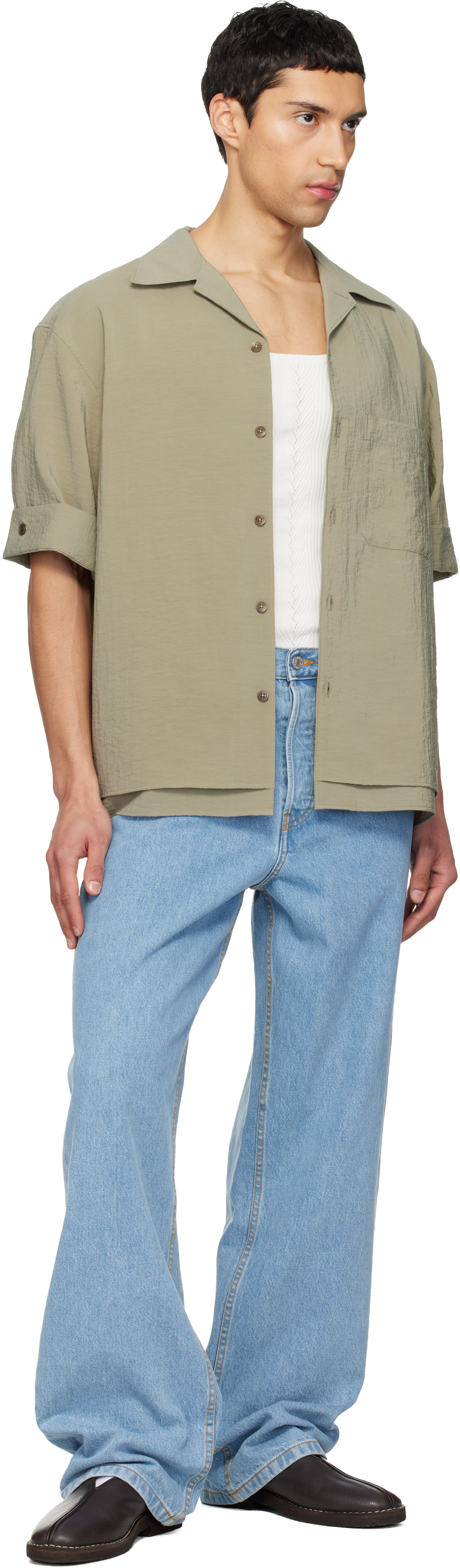 Khaki Double-Layered Open Collar Shirt