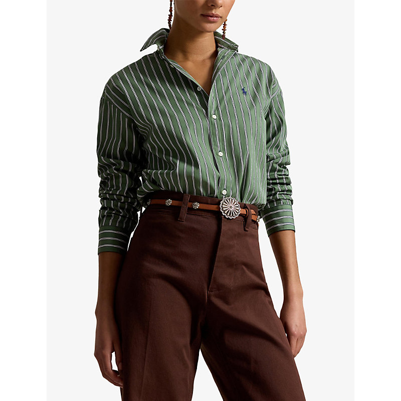 Womens Striped Brand-Embroidered Cotton Shirt