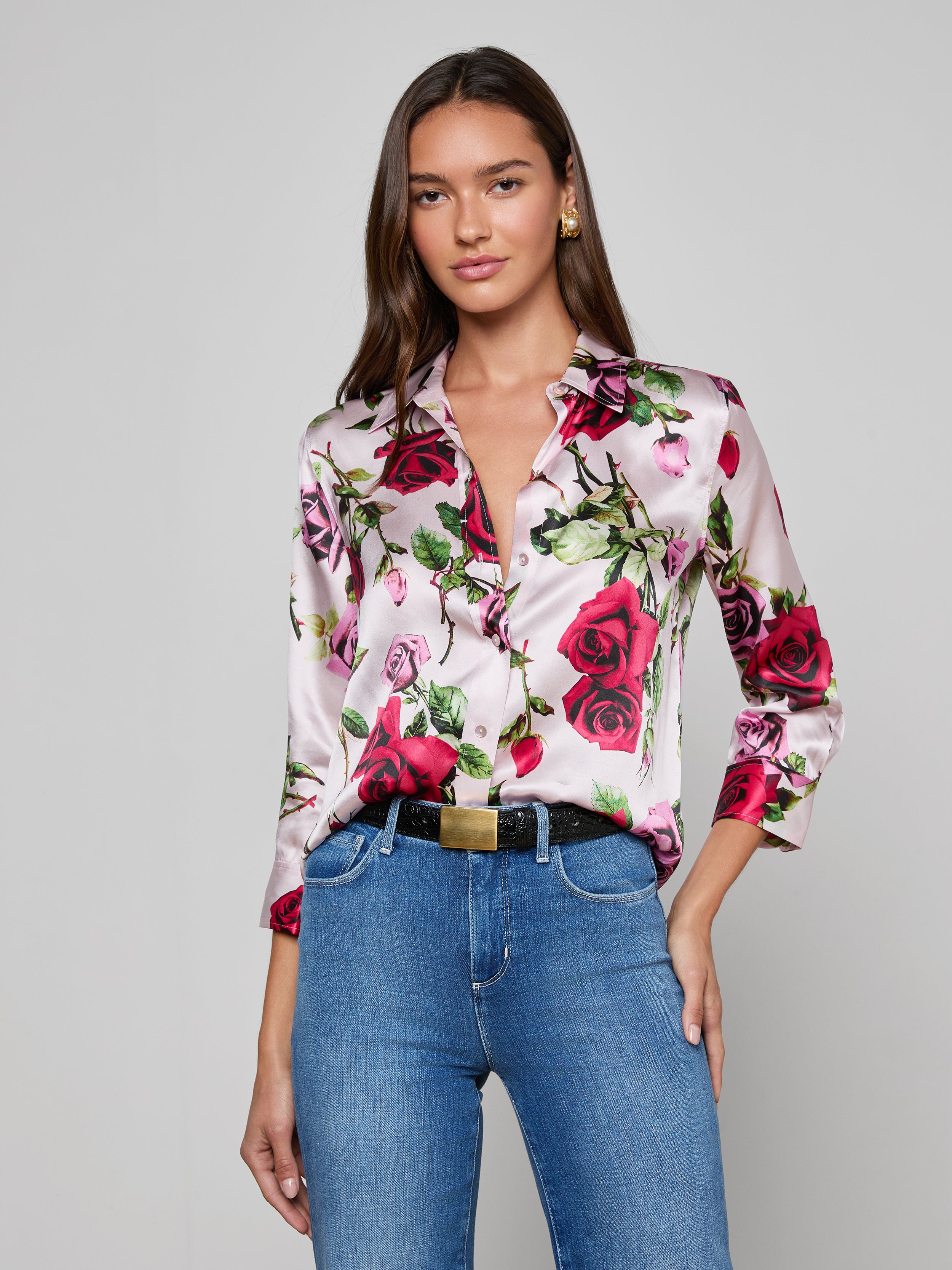 Dani Silk Blouse Top In Pink Multi Romantic Rose
