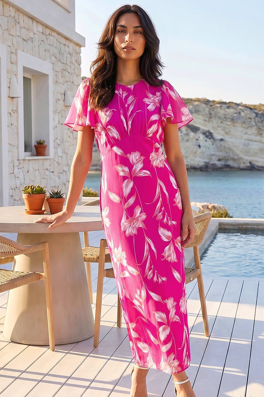 Roman Women's Floral Print Flutter Sleeve Midi Dress in Magenta