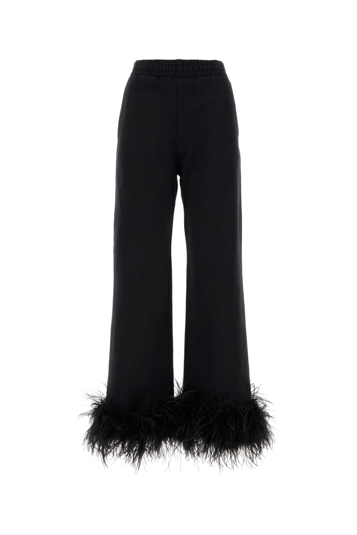 Feather-Trimmed Cotton Joggers — Black