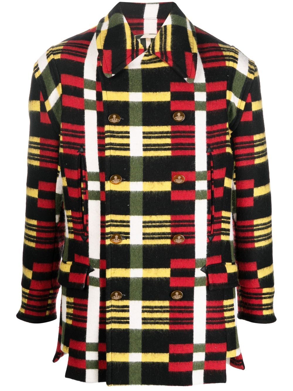 Check-print double-breasted coat - Black