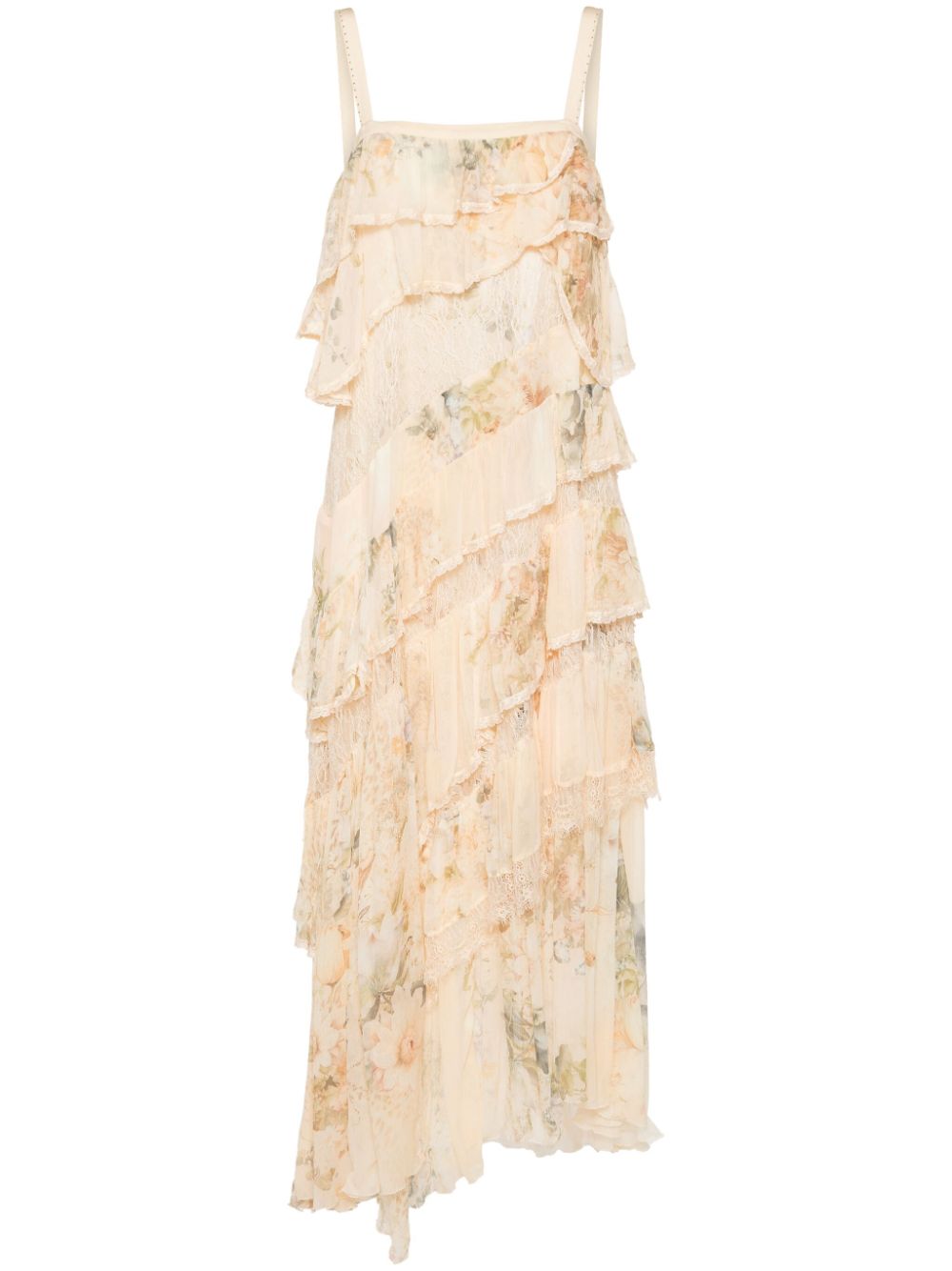 Lace-trim asymmetric midi dress - Neutrals