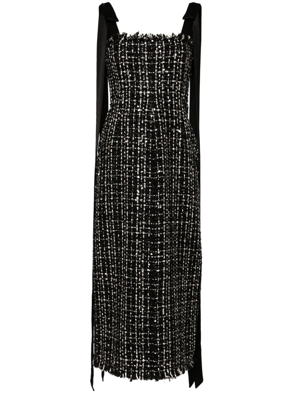 Satin bow strap detail tweed midi dress - Black