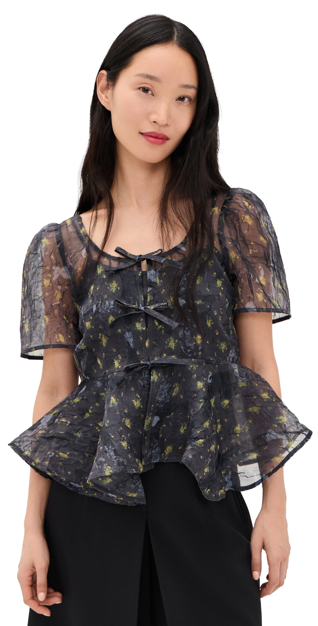 Printed Shibori Organza Sun Cut Peplum Blouse Black Sand
