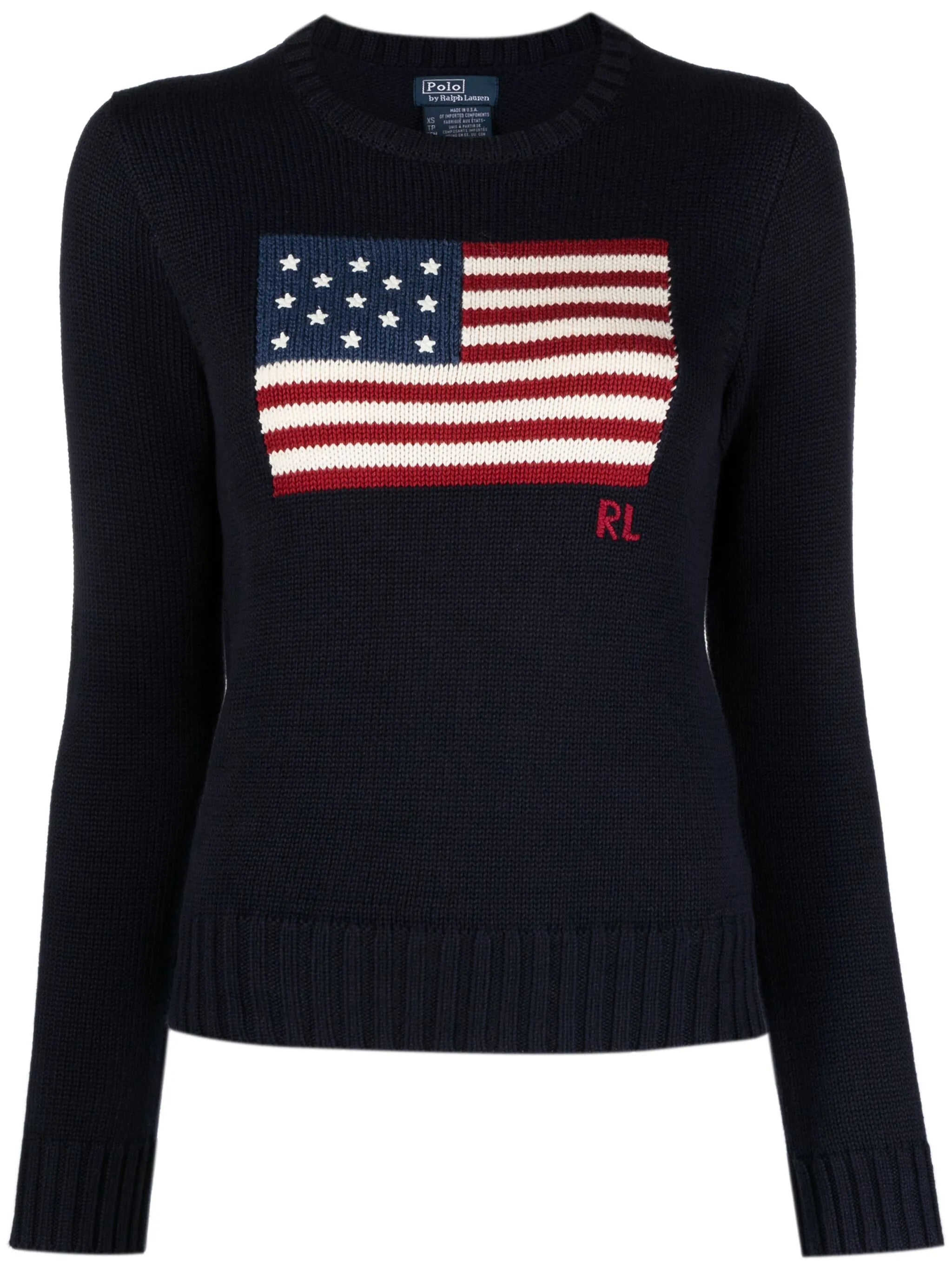 Women's Polo Crew Neck Intarsia American Flag Sweater with Ribbed Cuffs & Hem (Sample Size S)