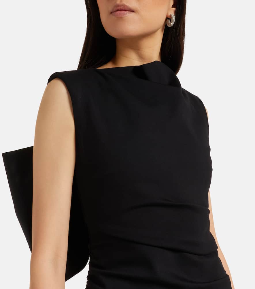 Bow-detail ruched satin-trimmed midi dress