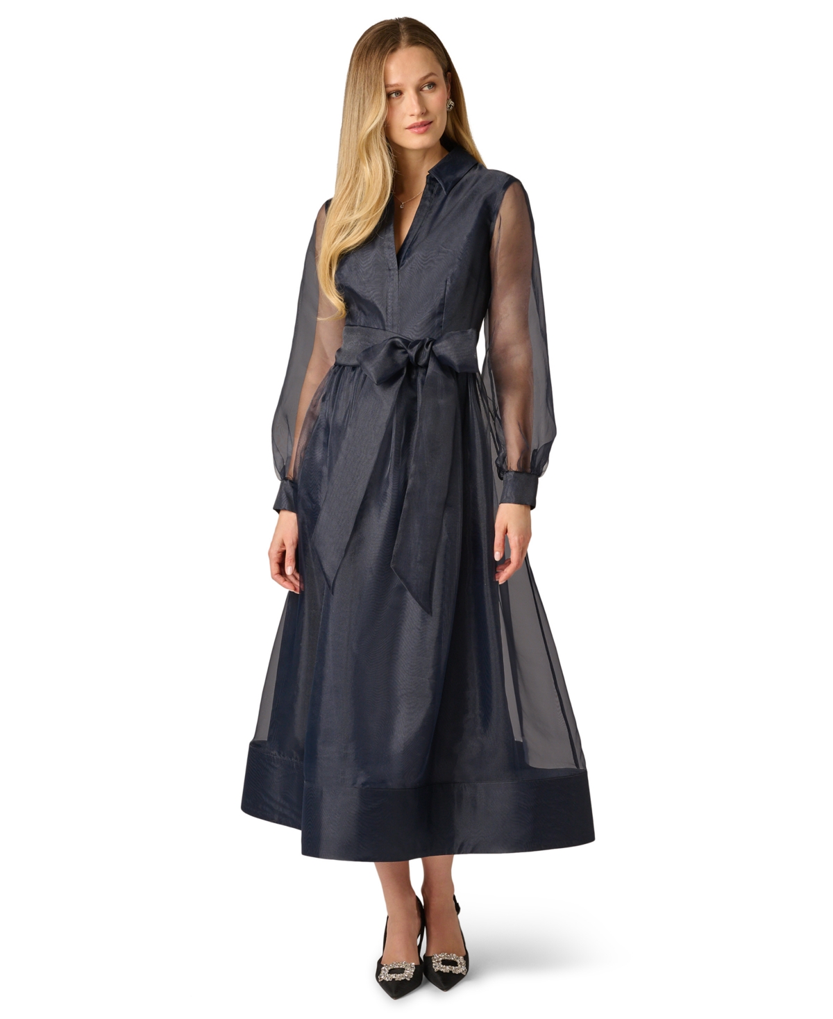 Women's Long-Sleeve V-Neck Shirt Dress - MIDNIGHT