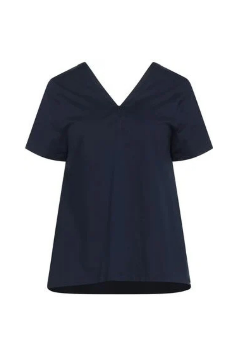 Cotton V-Neck Blouse — Navy