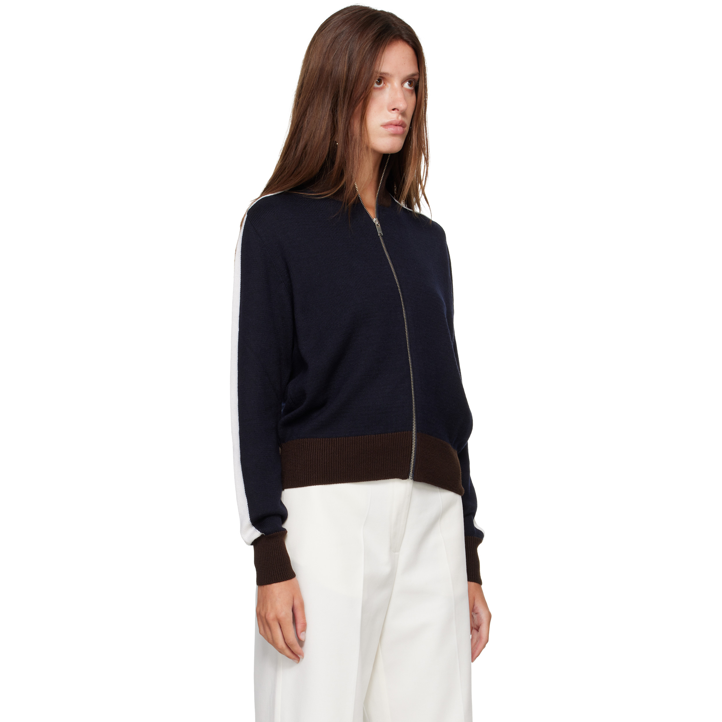 Navy & Brown Extrafine Merino Wool Sporty Cardigan