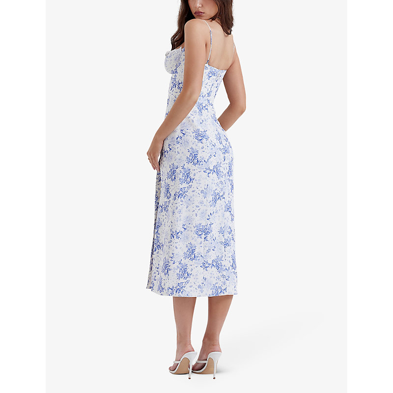 Womens Blue Charlotte Floral-print Fitted-corset Stretch-woven Midi Dress