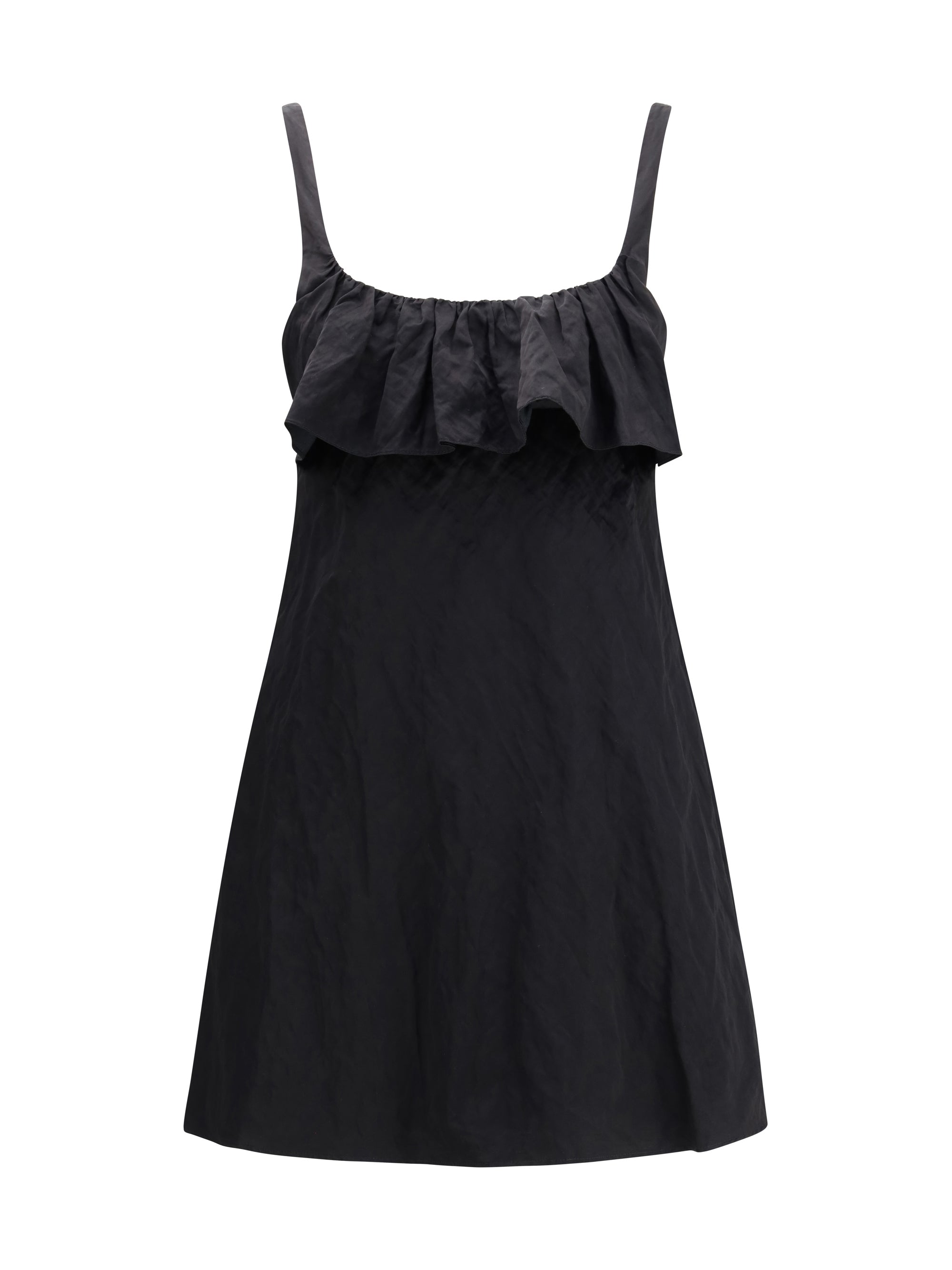 Ruffled Off-Shoulder Technical Satin Mini Dress — Black