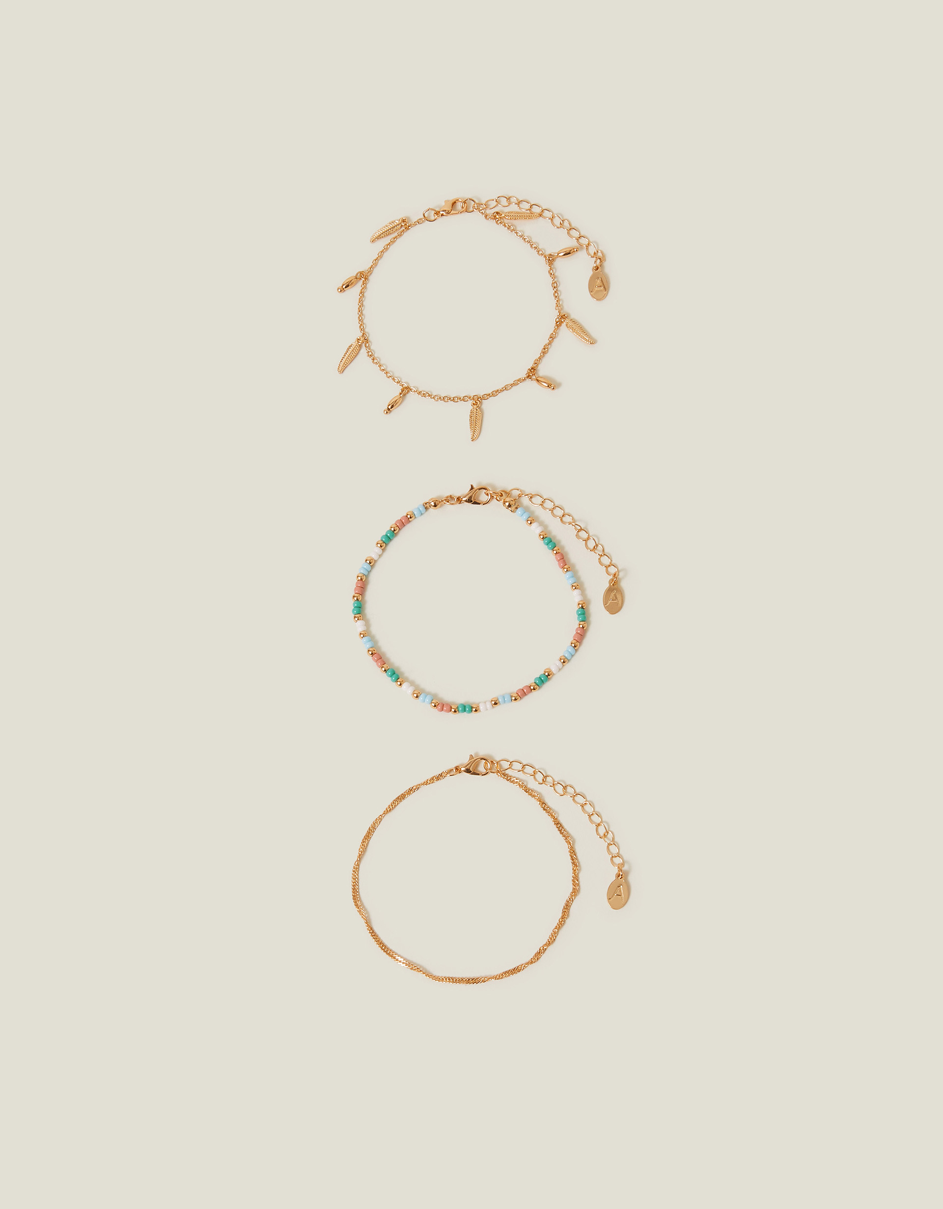 Gold 3-Pack Leaf Charm Anklets