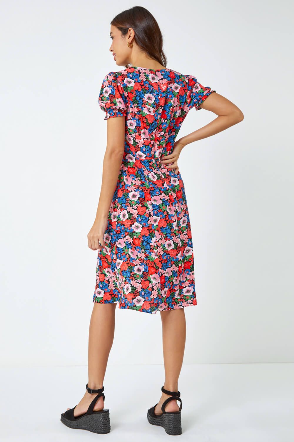 Roman Women's Frill Sleeve Floral Tea Dress in Red