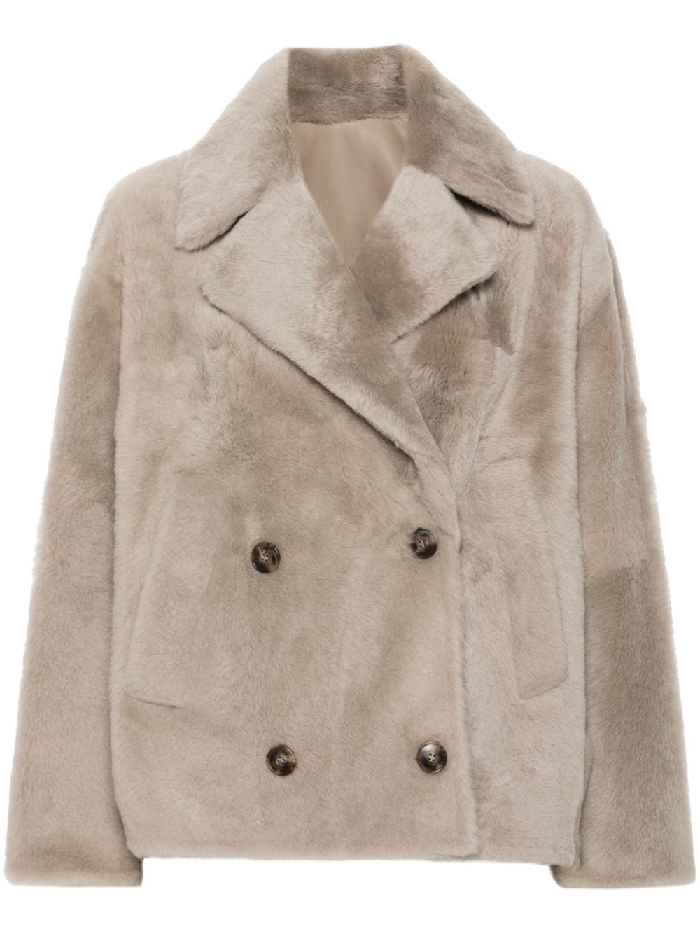 Lamb Fur Double-Breasted Coat — Beige