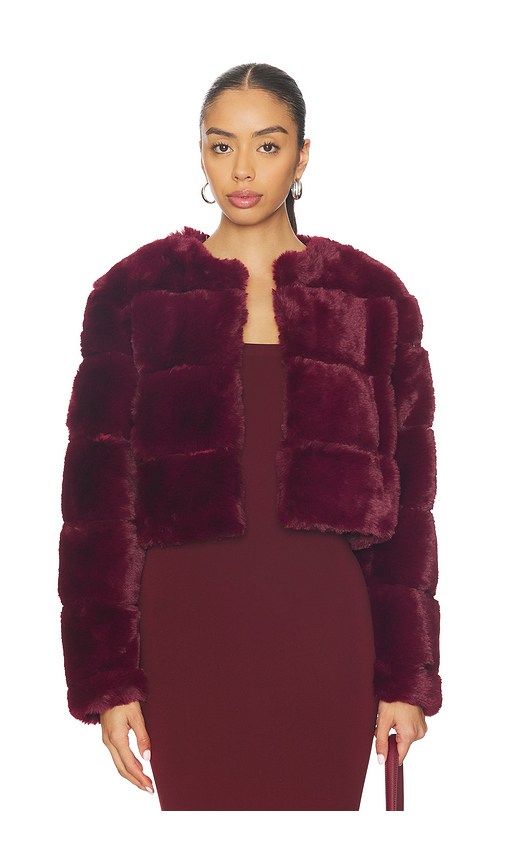 BLANKNYC Cropped Faux Fur Coat in Burgundy. L. Also in