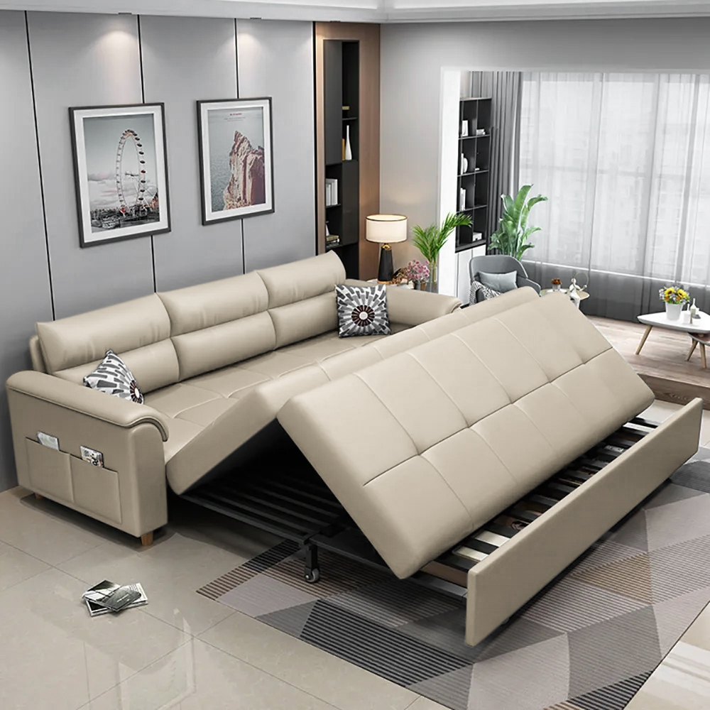 Leather Queen Size Sleeper Sofa with Trundle Pull Out Sofa Bed