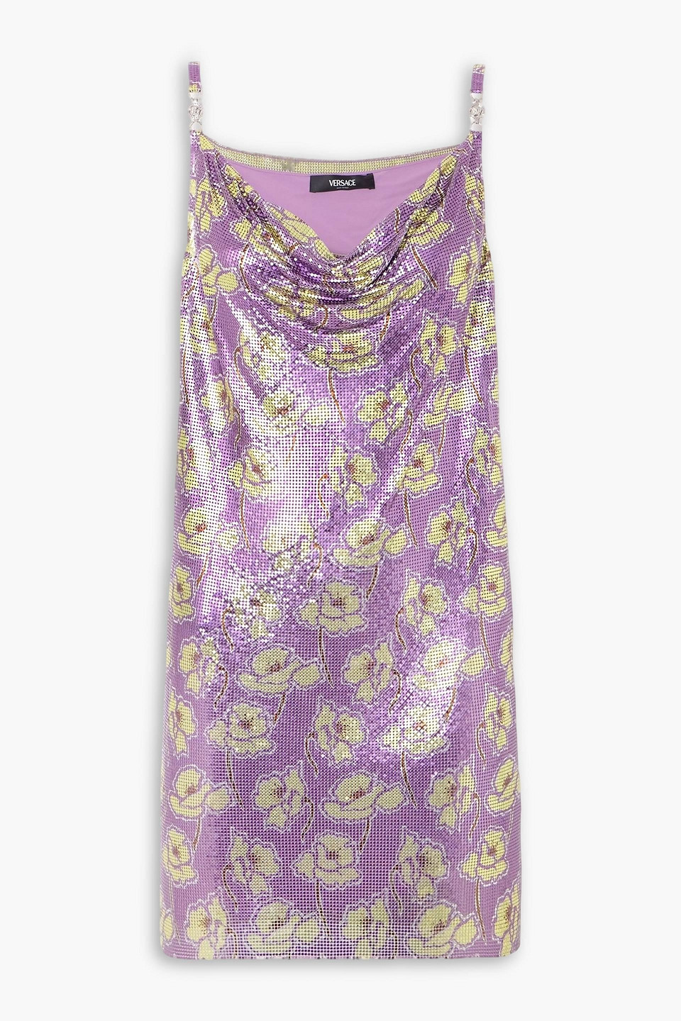Embellished floral-print chainmail mini dress - Purple - IT 38