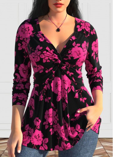 Modlily Valentine's Day Hot Pink Twist Long Sleeve T Shirt