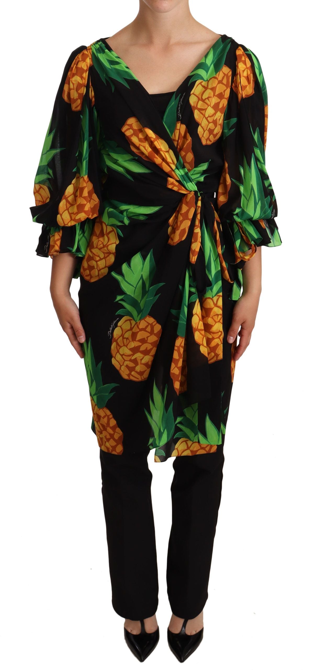 Pineapple Print Wrap Dress — Black