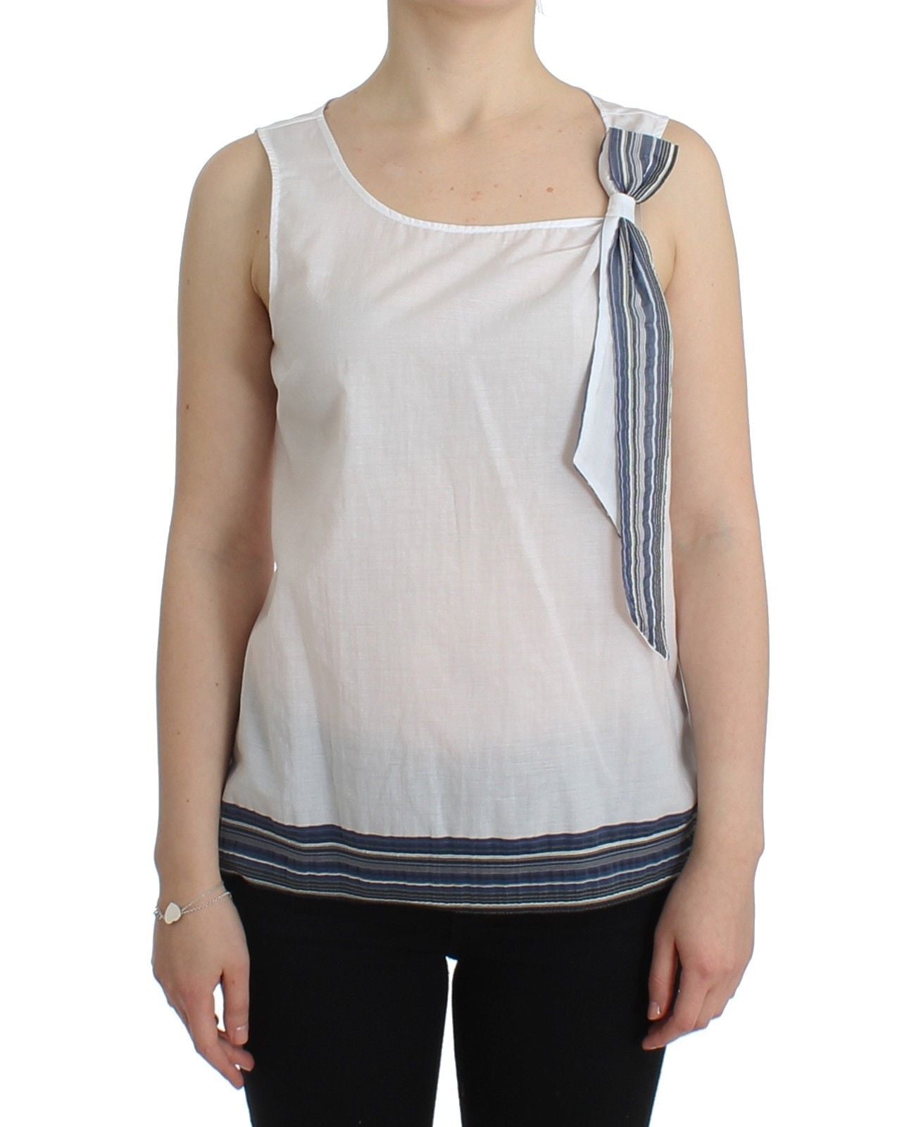 Striped Bow-Detail Cotton-Blend Tank Top — White