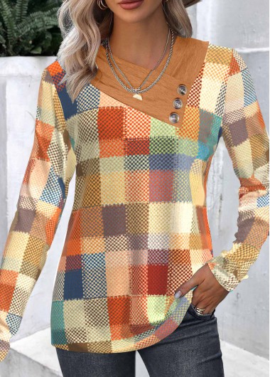 Modlily Multi Color Patchwork Geometric Print Long Sleeve Sweatshirt
