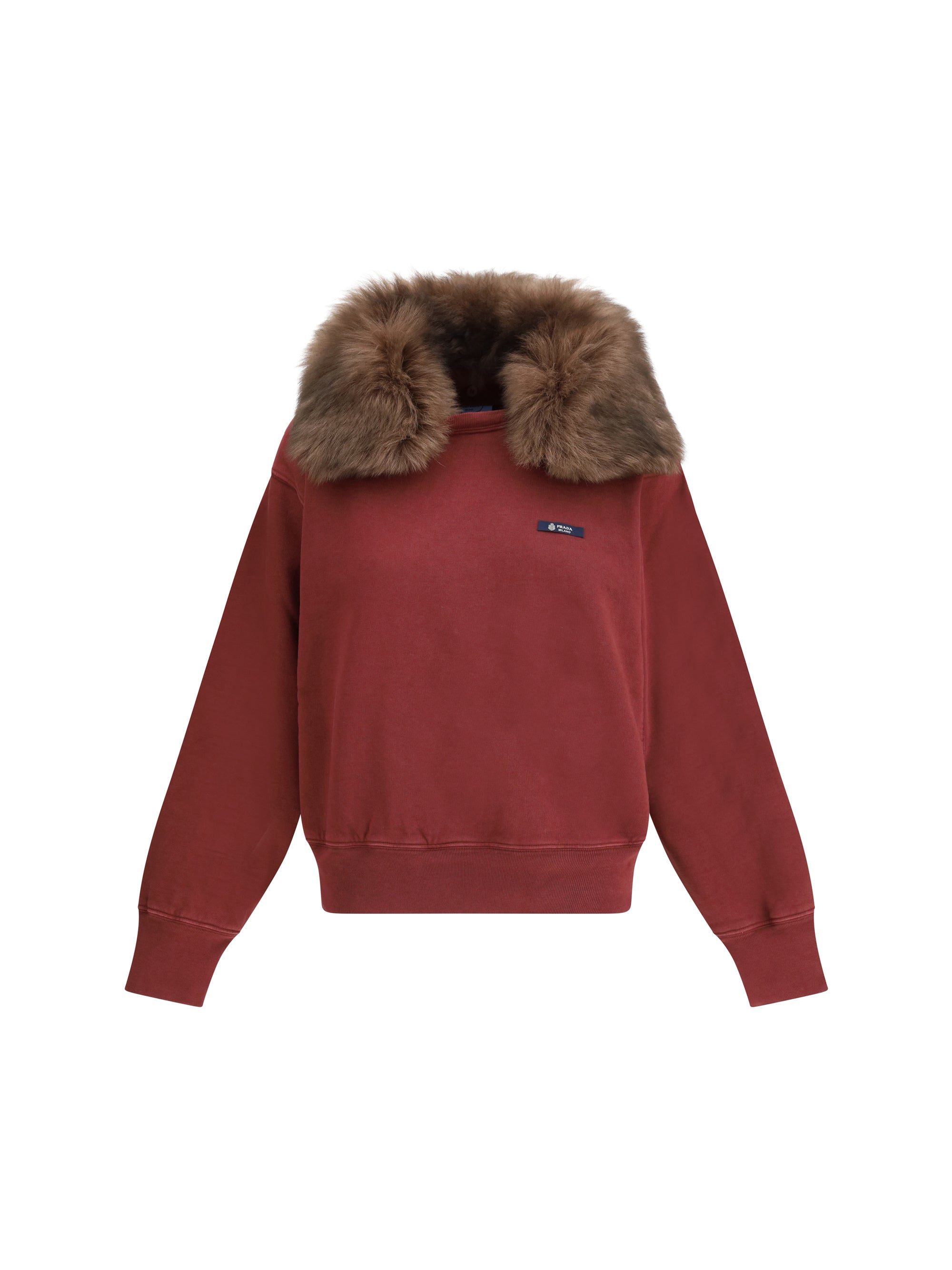 Shearling-Collar Cotton Sweatshirt — Bordeaux