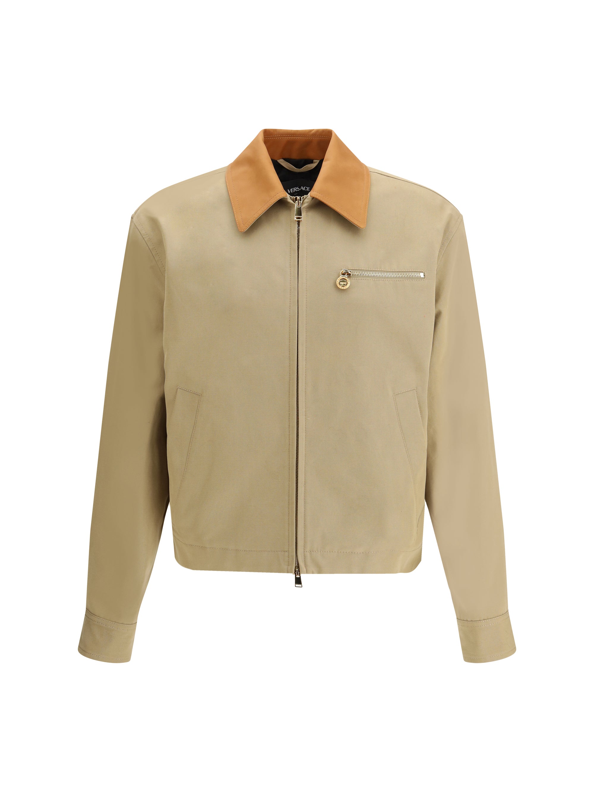 Contrast Leather Collar Cotton Jacket — Beige