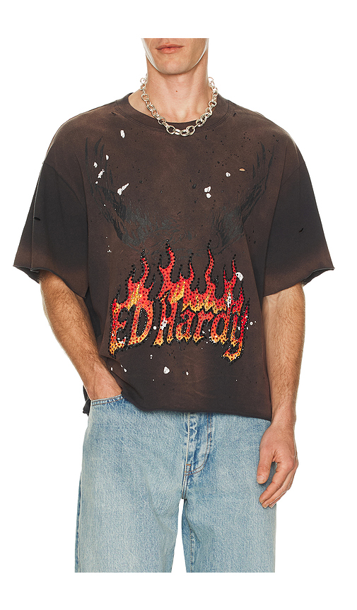 Ed Hardy By Appointment Only Eagle Flame Cropped Boxy Tee in Grey. L. Also in M, S, XL/1X