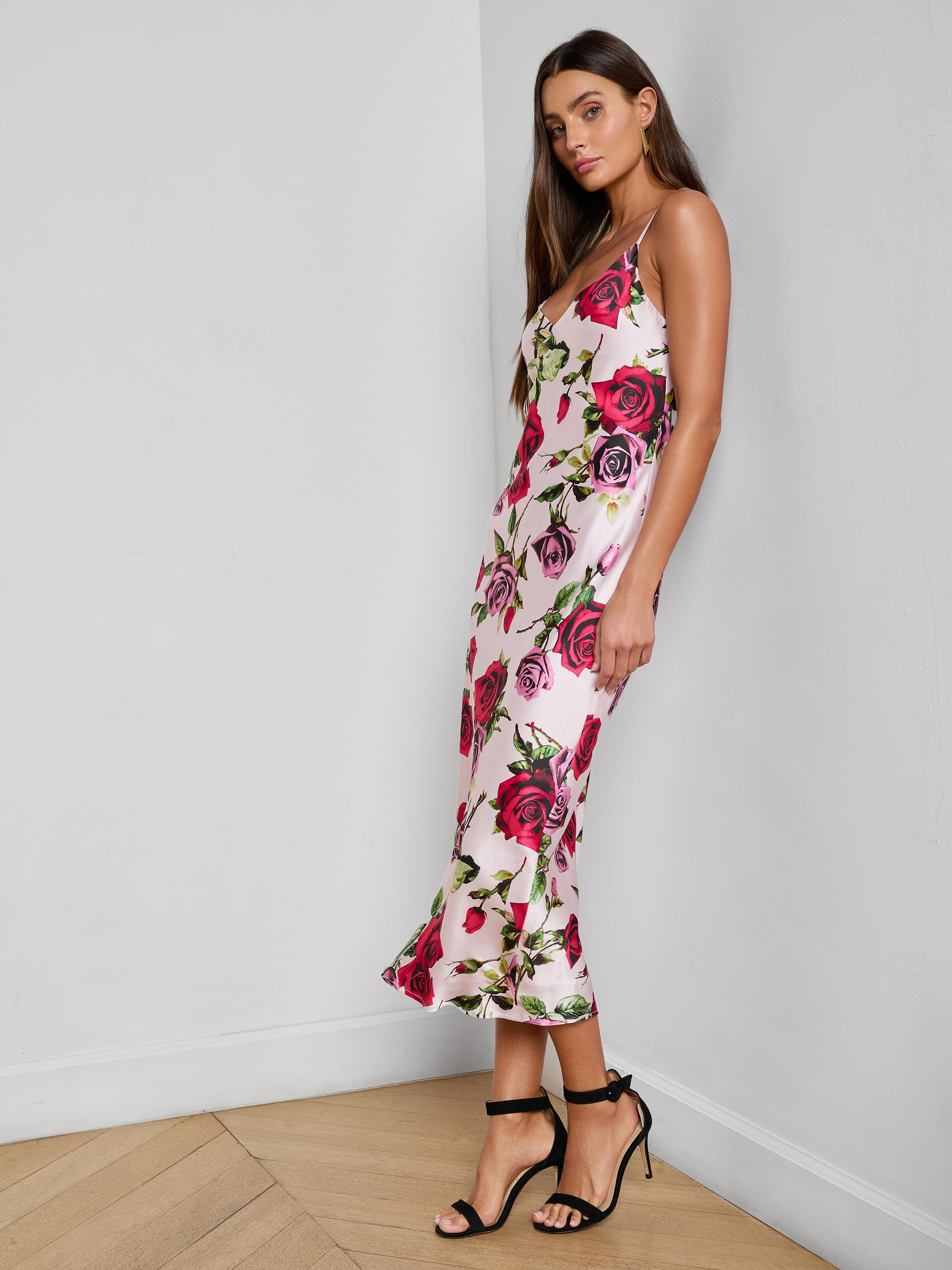 Seridie Silk Slip Dress In Pink Multi Romantic Rose