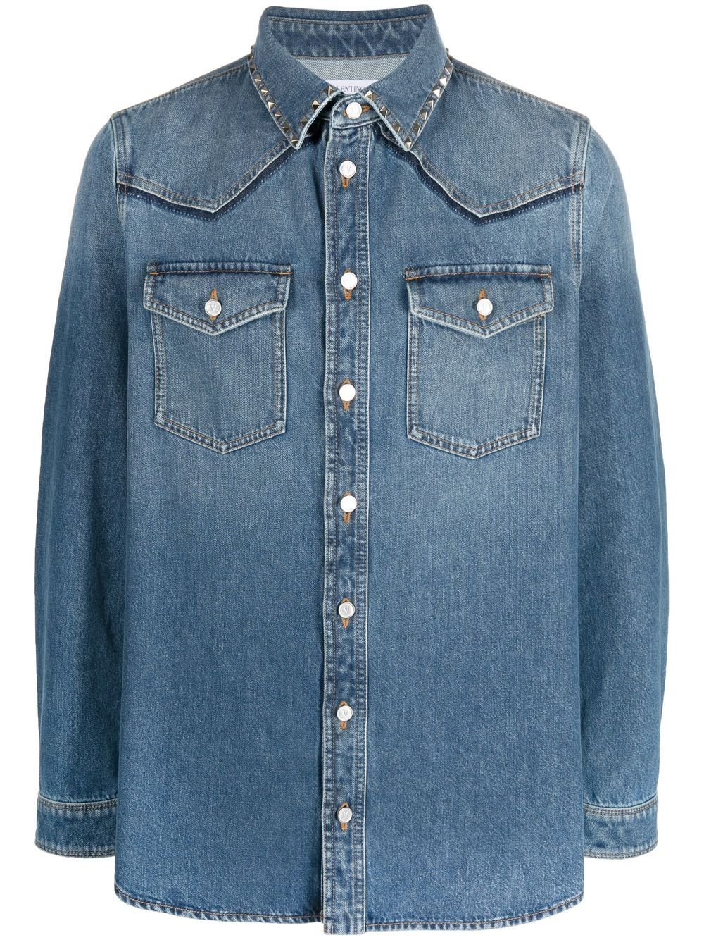 Rockstud layer-design denim shirt - Blue