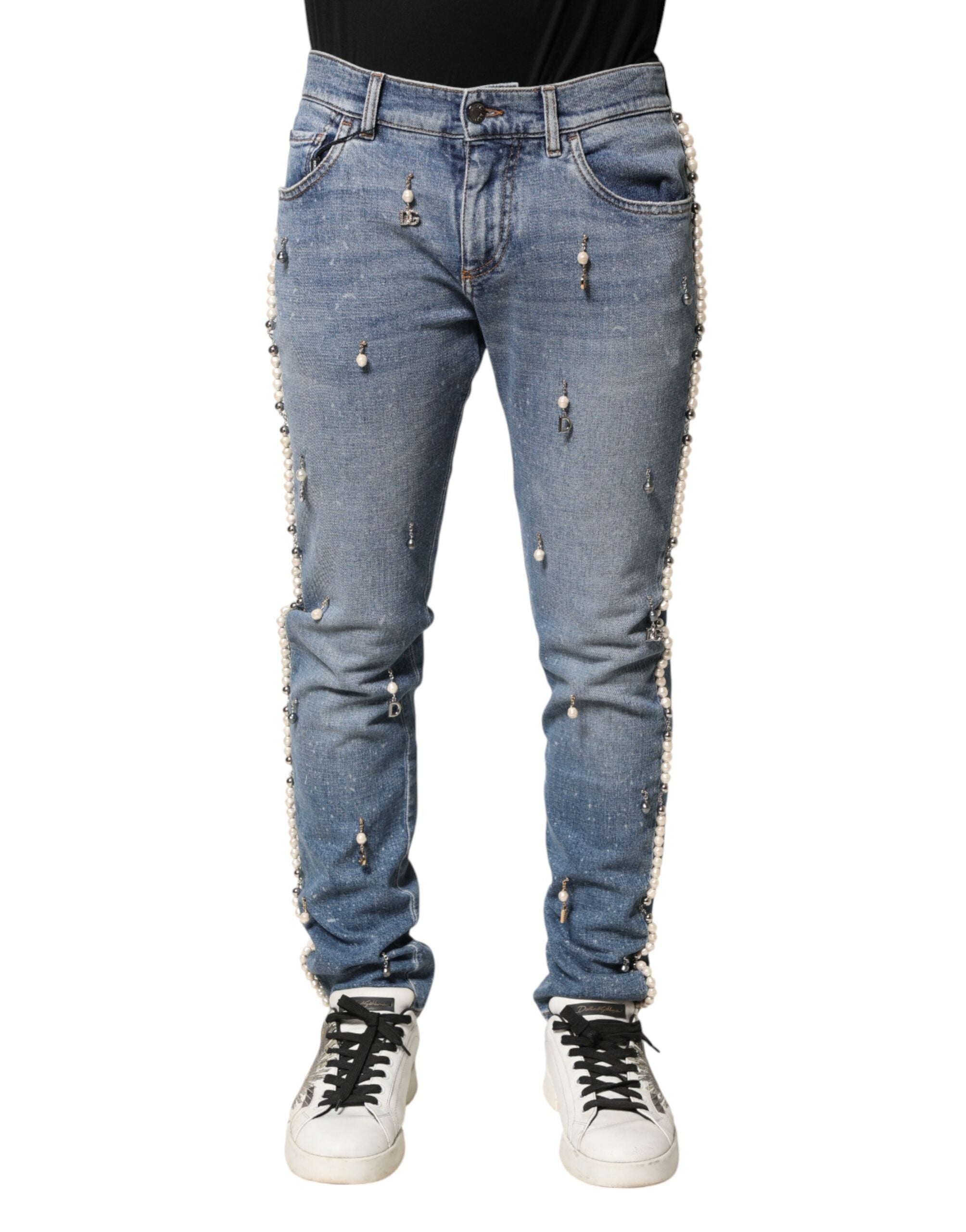 Pearl-Embellished Skinny Denim Jeans — Blue
